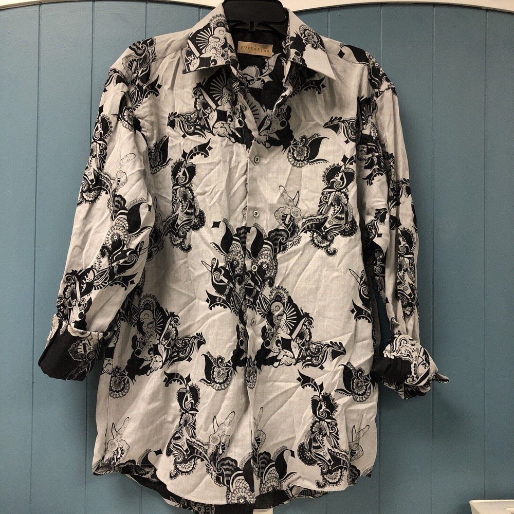 Vintage Portofino Shirt Mens M Medium Black Floral‎ Double Lined 100% Cotton USA